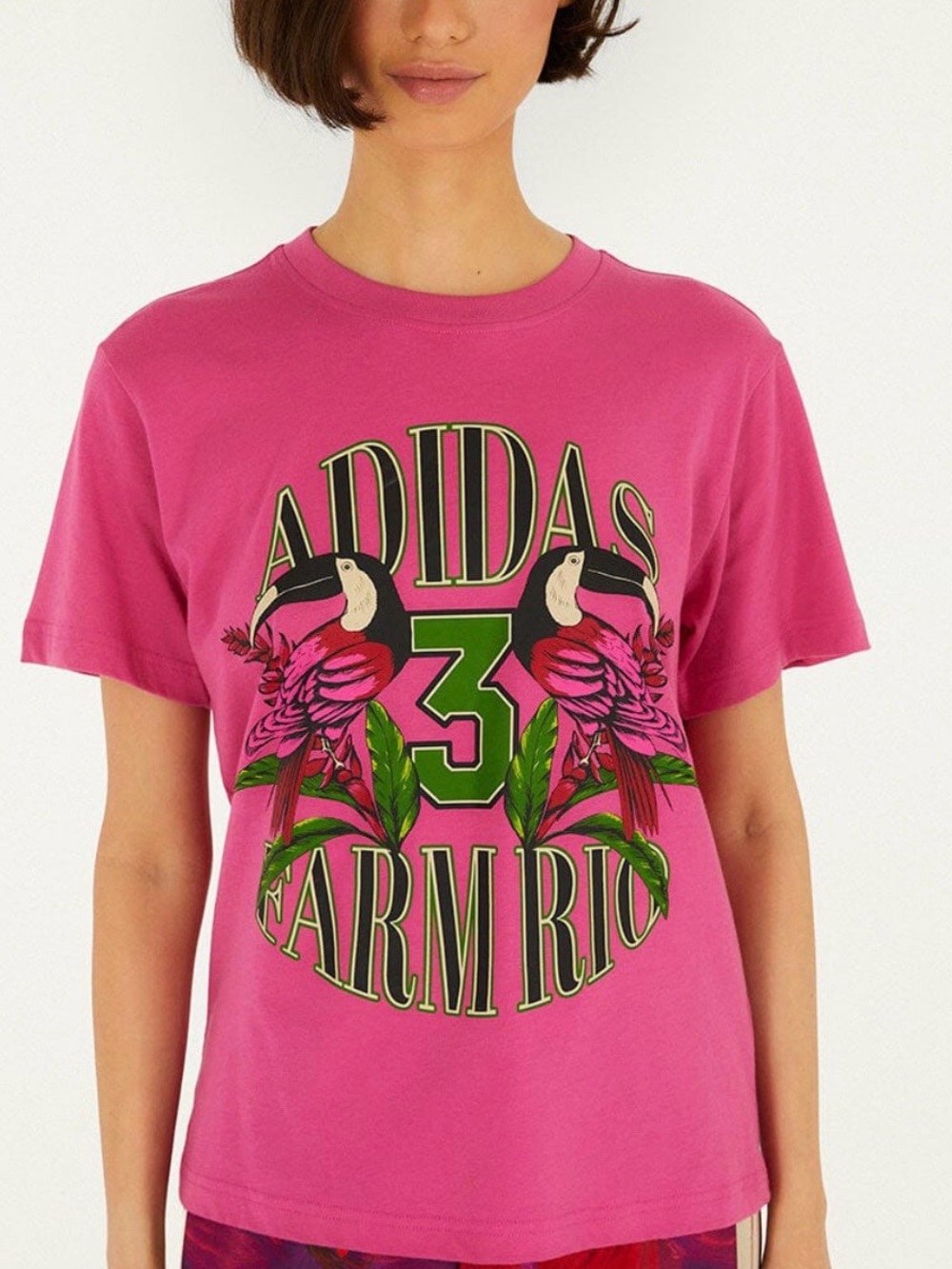 NWT Adidas x FARM Rio T Shirt Womens Medium Pink Toucan Tropical Graphic Tee